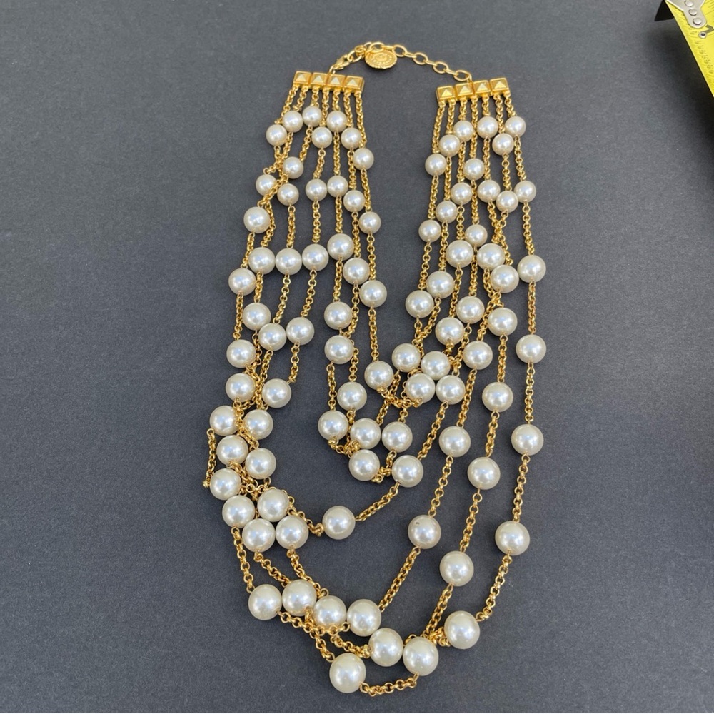 Vintage Multi-Strand Pearl Necklace with Gold Chain‎ Elegant Statement Stunning